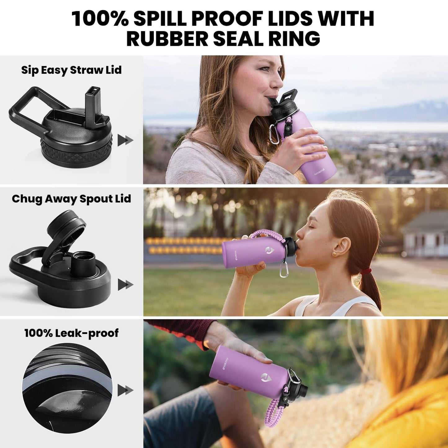 RAYMYLO Insulated Water Bottle 32 oz, Triple Wall Vacuum Stainless Steel (Cold for 24Hrs, Hot for 12Hrs), Leak Proof & Non-BPA, Modern Water Flask Jug with Paracord Handle & Straw Spout Lids