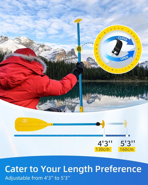 OCEANBROAD Canoe Paddle, Adjustable from 4'3''to 5'3''/130cm to 160cm Aluminum Shaft with Plastic Blade for Canoeing Boating Kayaking, 3-Piece Floatable Oar, Yellow-1 Pack