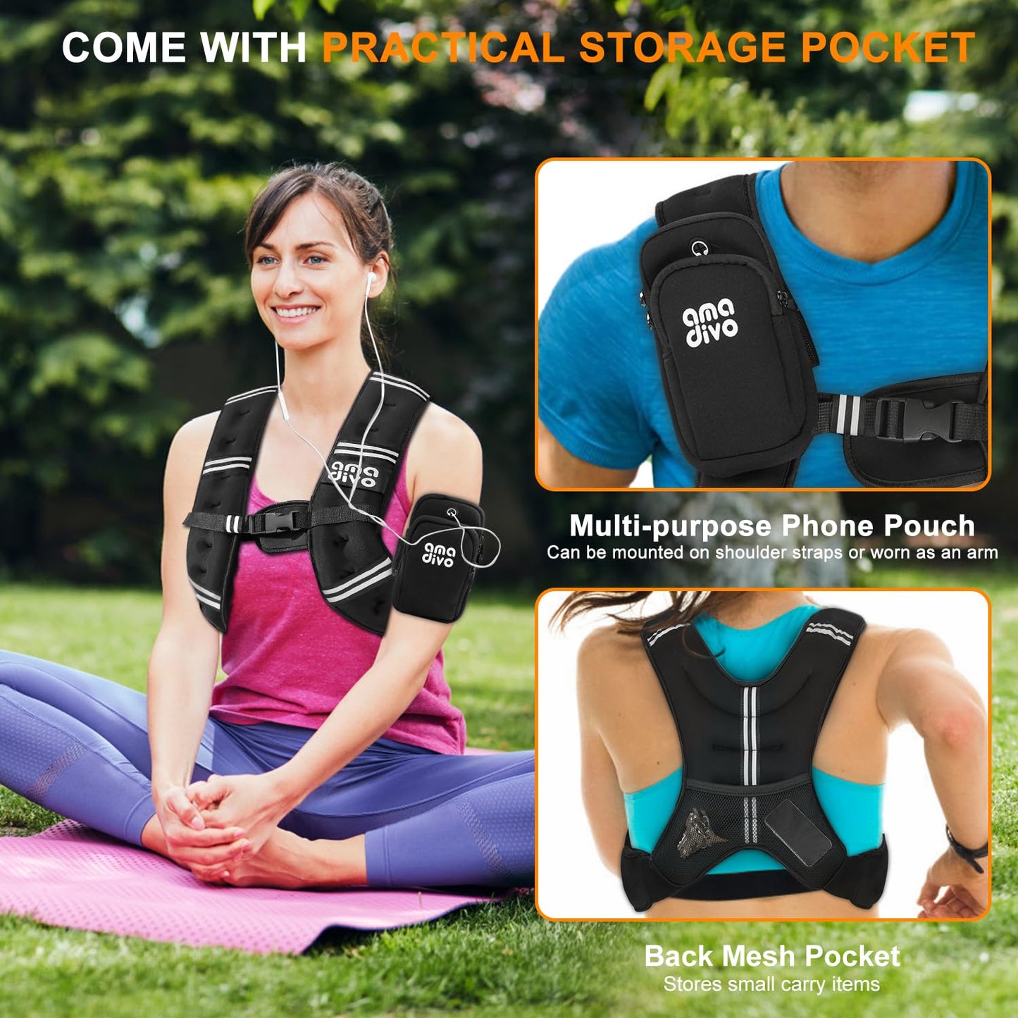 AMA DIVO 8LB Fixed Weight Vest for Seniors & Beginners,Reflective Weighted Vest, Daily Walking, Cardio Exercise, Indoor Workout, Adjustable Buckles with Detachable Bag, Reliable Gear
