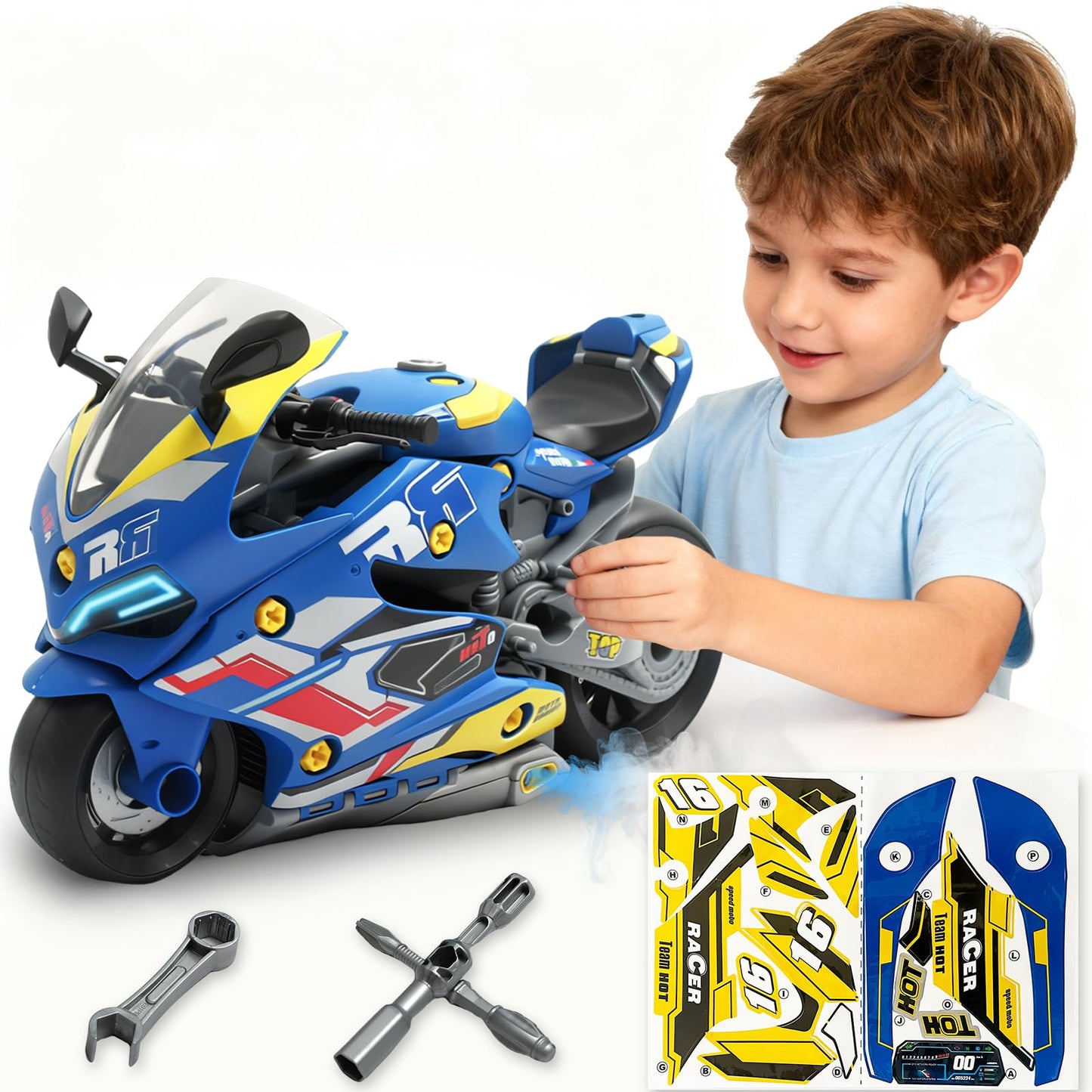 Poakkus Take Apart Motorcycle Toys Kit, Motorcycle Model Toys for Kids Mechanic,Motorcycles Toy with Light, Sound & Spray for Toddlers 3+ Kids,Interactive Toy Engine Building Kit, Blue