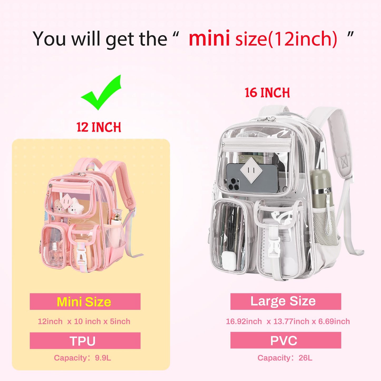 PIG PIG GIRL Mini Clear Backpack for Stadium Events, Small Clear Bag for Child for Festival Concert,Pink(Not Fits School)