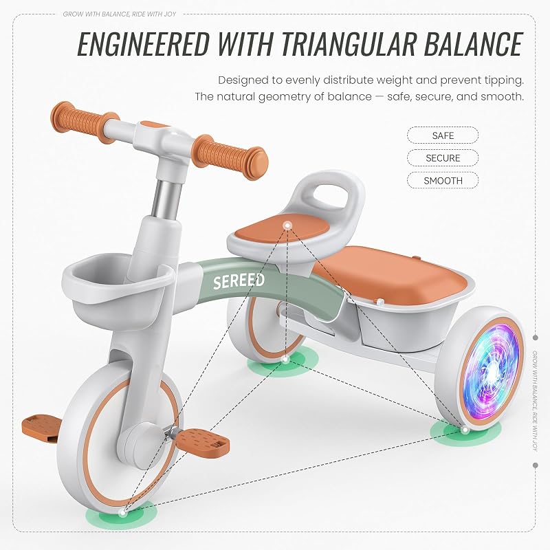SEREED Colorful Light-Up Tricycle for Kids Ages 2-5 — Green, 3-Position Seat