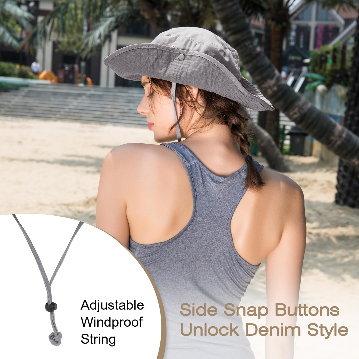 Phaiy Bucket Hat with String Grey Boonie Hat UPF 50+ Wide Brim Sun Hat for Men Fishing Hiking Safari