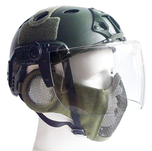 Tactical Airsoft PJ Type Fast Helmet with Face Shield Visor and Lower Guard Mesh Half Face Mask with Ear Cover (OD Green)