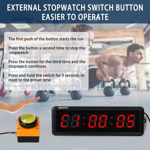 SMAHEAT Fitness Timer with Stopwatch Button, Suitable for School/exam/Home Exercise/Gym/Gym SMAHEAT Electronic Fitness Timer (1.5 inch six-Digit All-red)