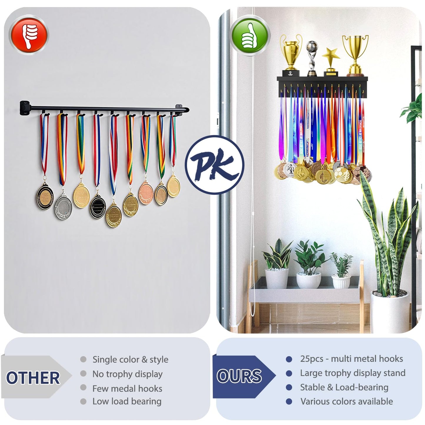 DSVENROLY Medal Holder Display Trophy Shelf Organizer, Sturdy Wooden Race Award Hanger Rack with 25 Steel Hooks, Wall Mount Storage Stand for Sports Fans, Cheer Success, Black
