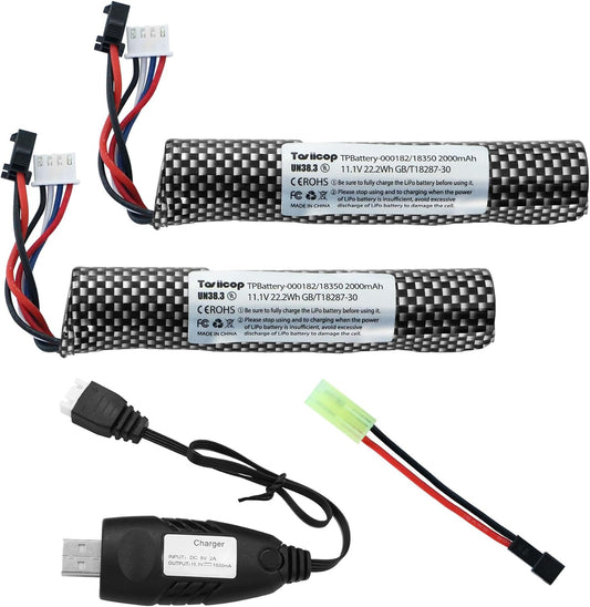 11.1v Battery Gel Blaster - Airsoft Batteries 11.1 Volt 2000mAh with Charger and Mini Tamiya Connector to SM-2P Plug Conversion Cable for Water Bead Splatter Ball 2 Pcs