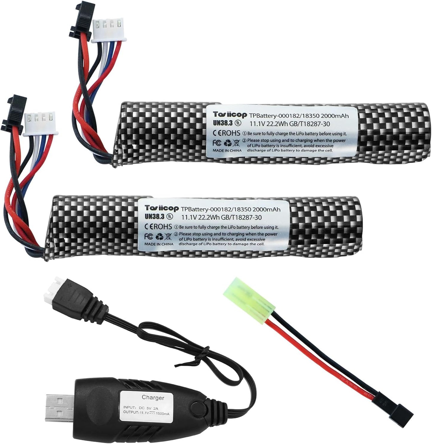 11.1v Battery Gel Blaster - Airsoft Batteries 11.1 Volt 2000mAh with Charger and Mini Tamiya Connector to SM-2P Plug Conversion Cable for Water Bead Splatter Ball 2 Pack