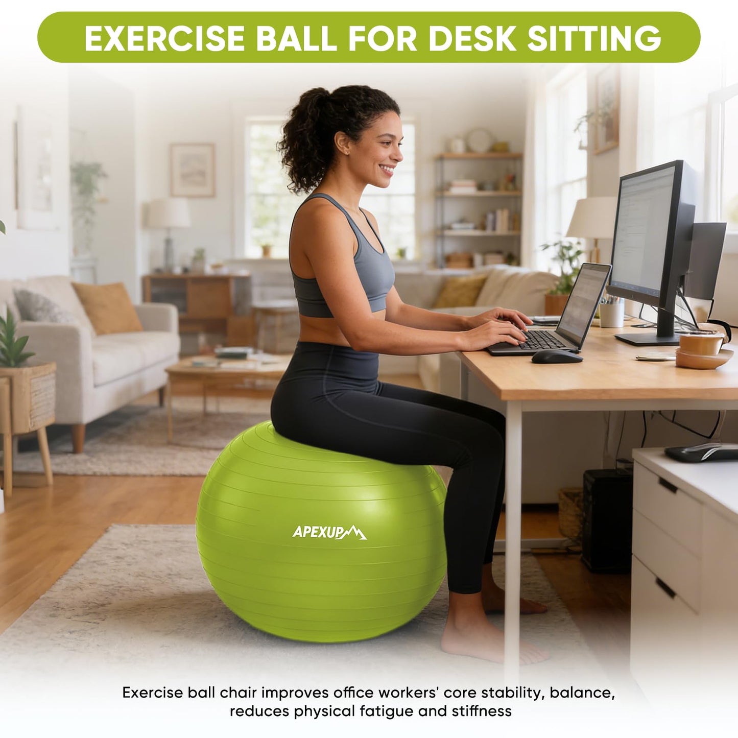 APEXUP Yoga Ball, 660 lbs Anti-Burst Exercise Ball with Pump, 5 Sizes (XXL(31"~34") 85cm, Green)