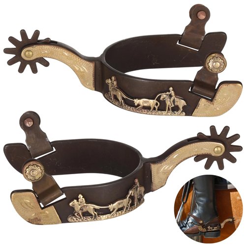 Lnrueg 2 Pcs Western Spurs, Cowboy Boot Spurs with Turnable Gear, Antique Copper and Brass Design with Engraved Trims, Retro Low Carbon Steel Horse Spurs (Black)