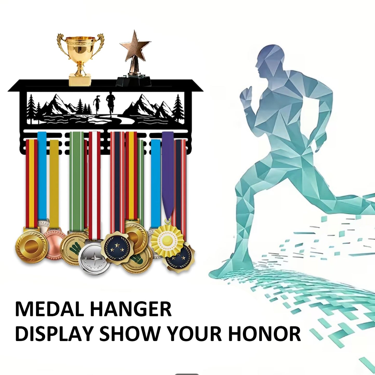 Resama Running Medal Hanger Display and Trophy Shelf for Awards Ribbons Medal Sports Themed Race Ribbon Holder for Wall-Medal Hanger Display Award Rack-Metal Hanger Display for Boy Girl Kid