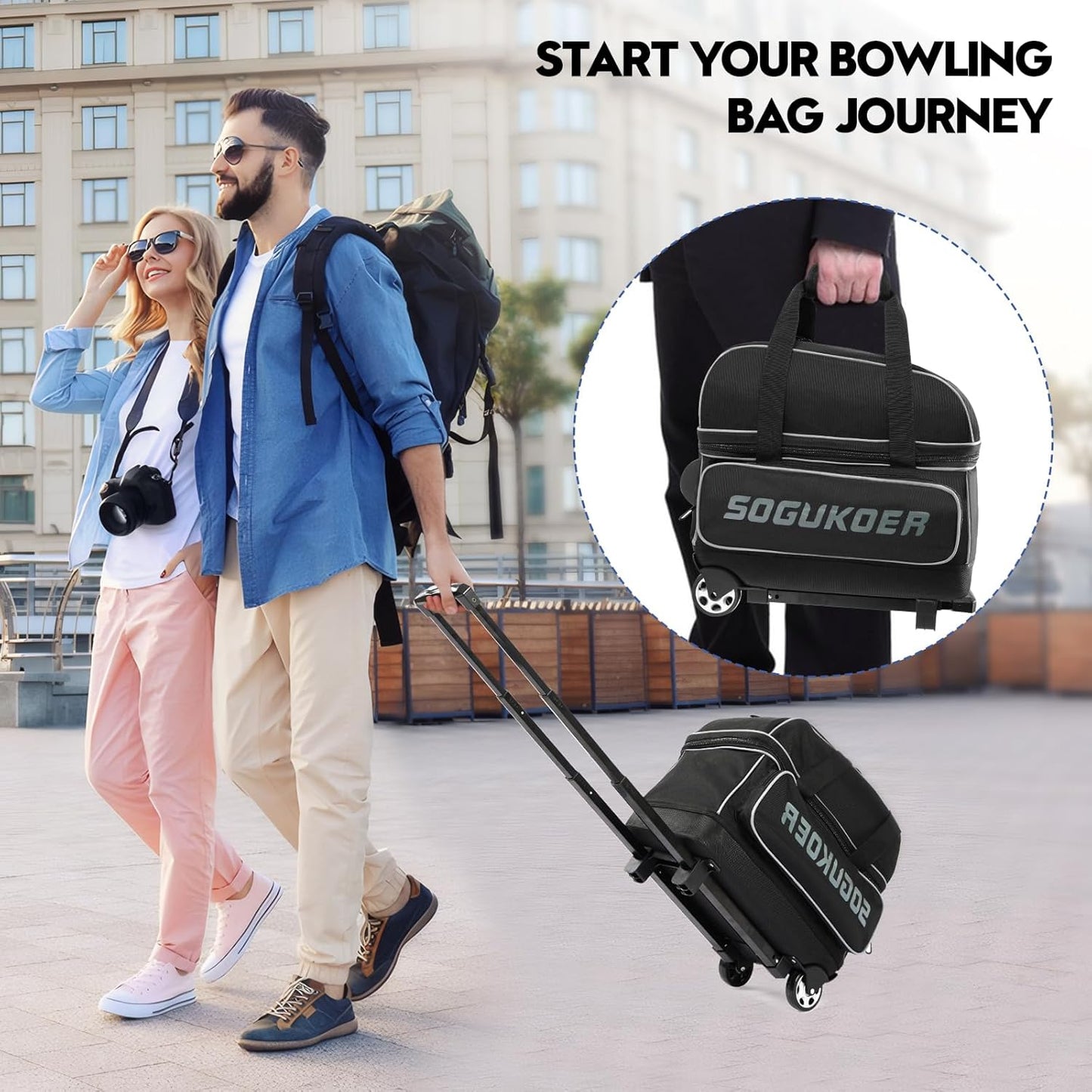 2 Bowling ball Bag with Wheels, Lightweight Trolley Double Ball Bowling bag with Large Separate Shoe Compartment and Oversized Accessory Pocket, Retractable Handle Extends To 39.5"