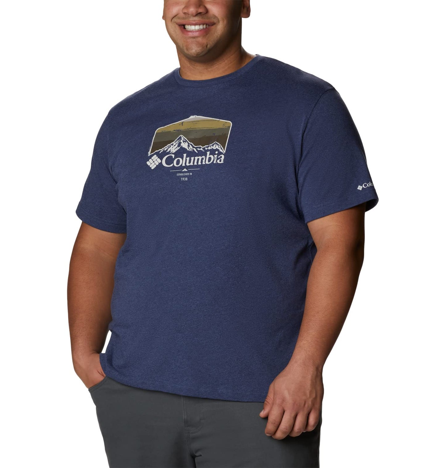 Columbia Men's Thistletown Hills Graphic Short Sleeve, Dark Mountain Heather/Hikers Graphic, 3X Tall
