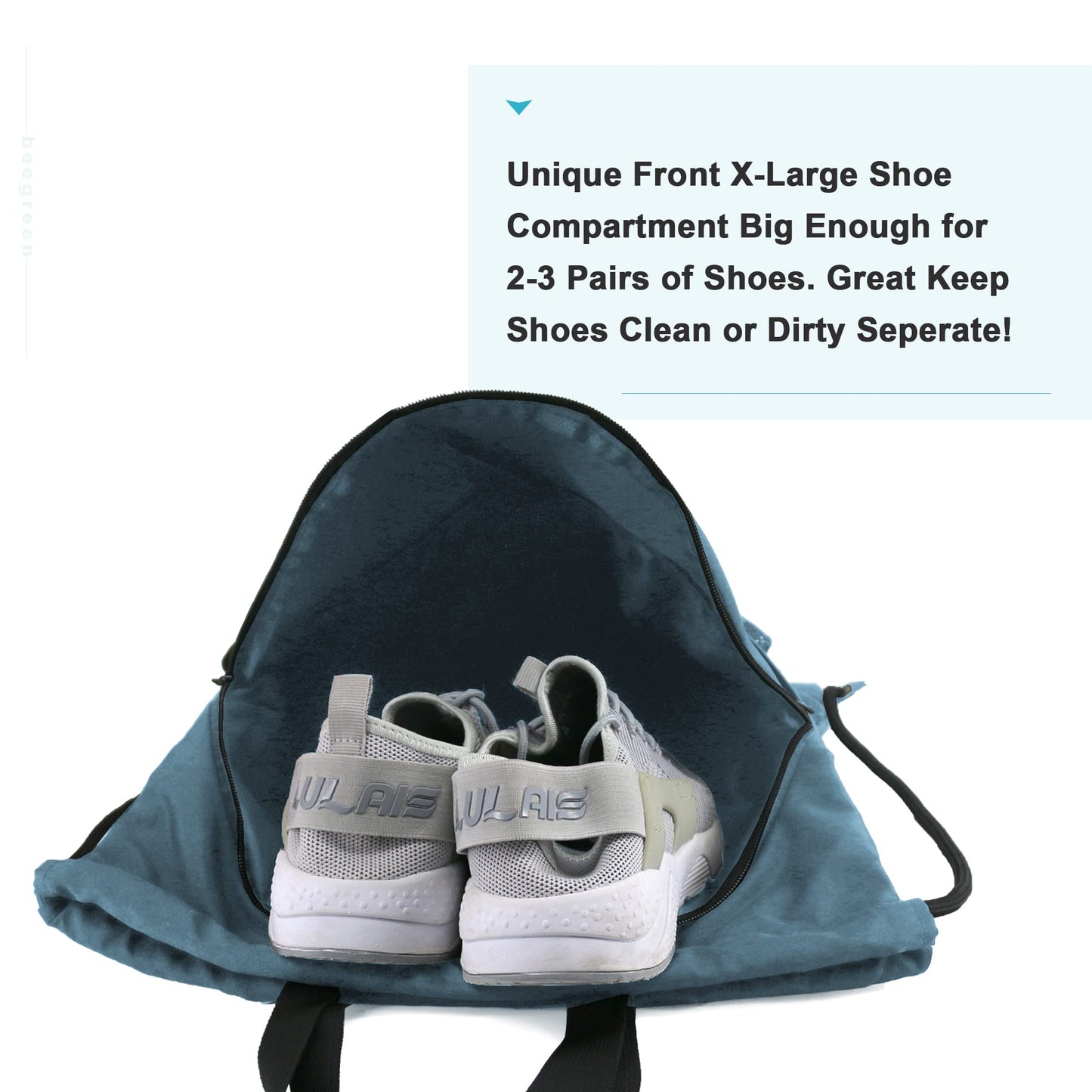 BeeGreen Workout Backpack with Shoe Compartment - Large Sackpack String Bag with Zipper Pockets and Water Bottle Pockets - Sports Yoga Cinch Bag for Gym - Haze Blue