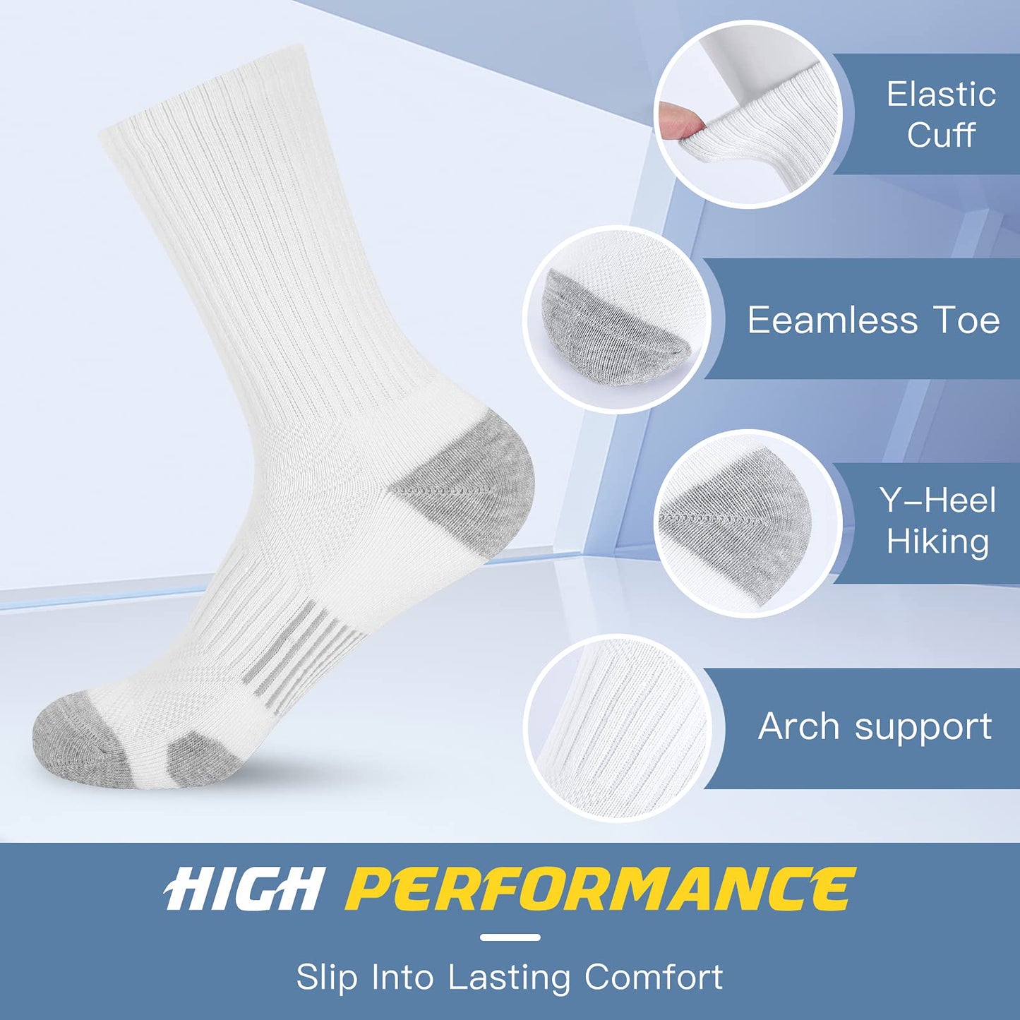 Felicigeely Athletic Crew Socks Cushion Running Socks Performance Breathable Sports Socks for Men (US, Numeric, 9, 12, Regular, Regular, White)