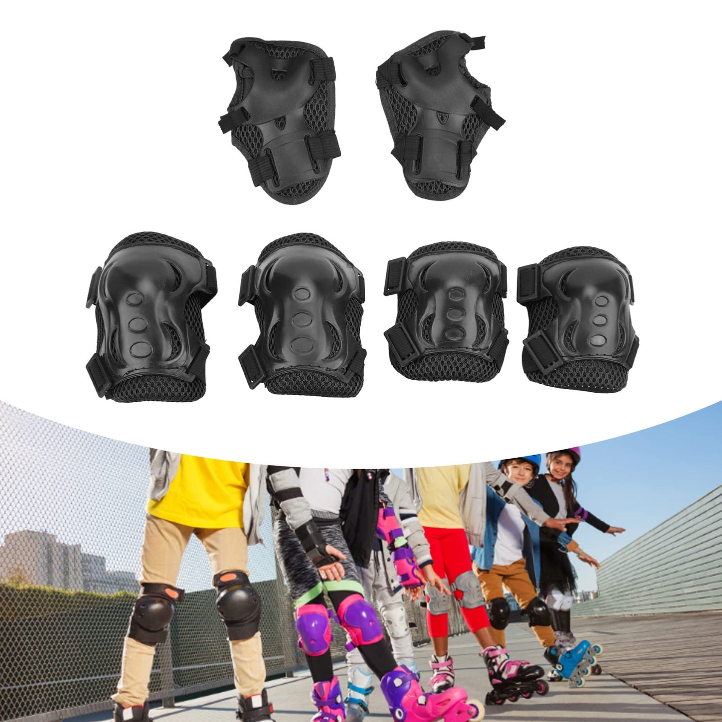 Jwthee 6PCS Kids Knee Pads and Elbow Pads Set for Kids 6-18 Years Old, Kids Protective Gear Set Skate Guards Roller Skate Accessories for Cycling, Inline Skating, Scooter Riding Sports (Black)