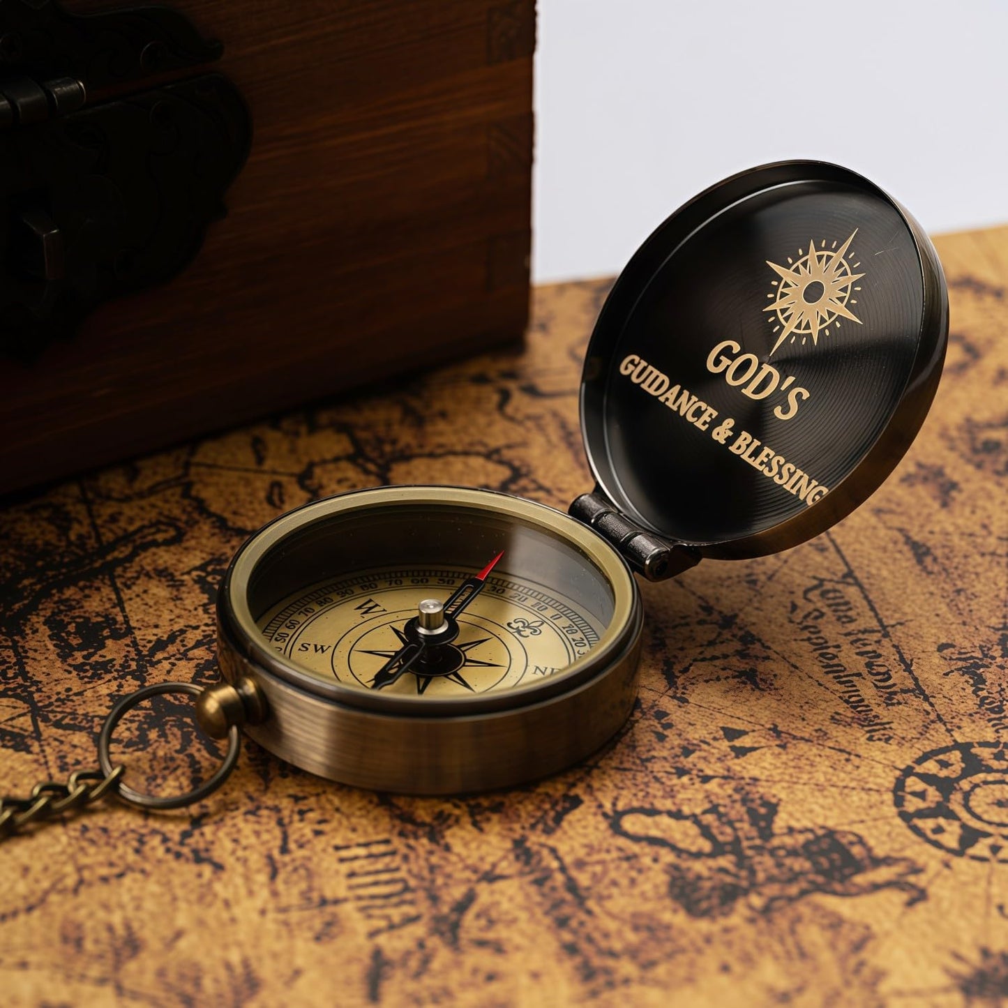 Afcrho Proverbs 3: 5-6 Engraved Compasses, Wood Box Greeting - Trust in The Lord Compass - Inspirational Gift Men, Christian Boys Baptism Gifts, Graduation Day with Wooden Box