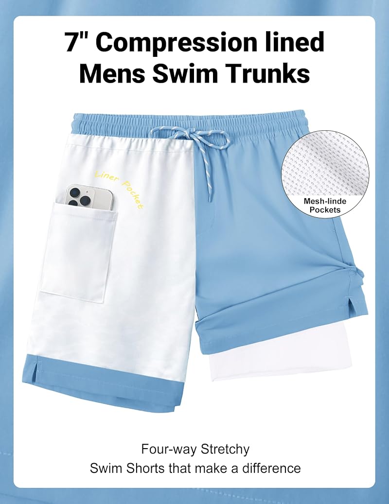 2 in 1 Mens Swim Trunks 7 Inch Board Shorts Light Blue XL