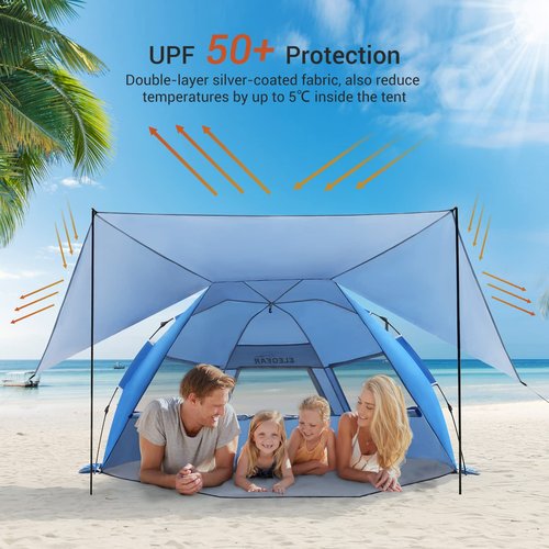 Elegear Beach Tent with 360° Removable Canopy, 4-6 Person Pop Up Sun Shade Shelter, UPF 50+ Automated Installation Double Silver Coating Portable Lightweight Beach Cabana for Beach/Camping/Outdoor