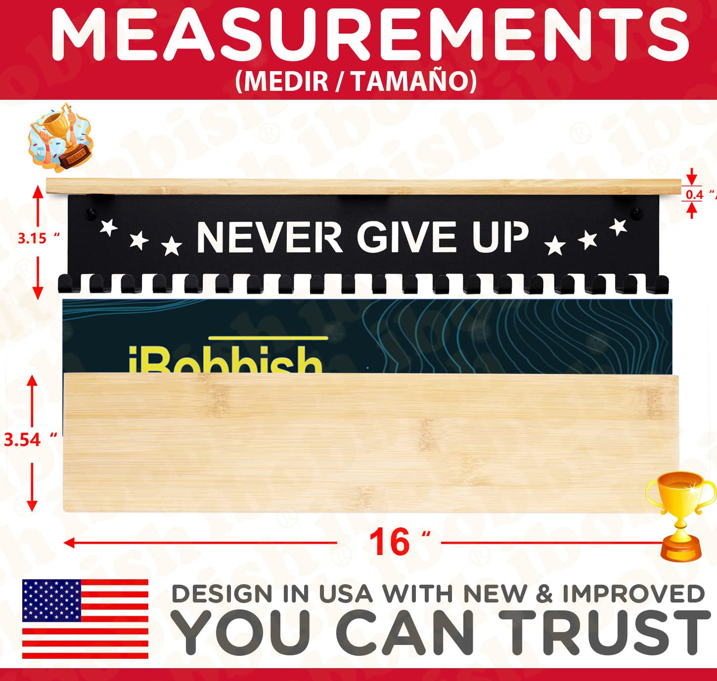 iBobbish Trophy and Medal Hanger Display Shelf, 16inchL, Metal 20 Hooks, Extra Large Bamboo Trophy Board, 33lbs Weight Capacity