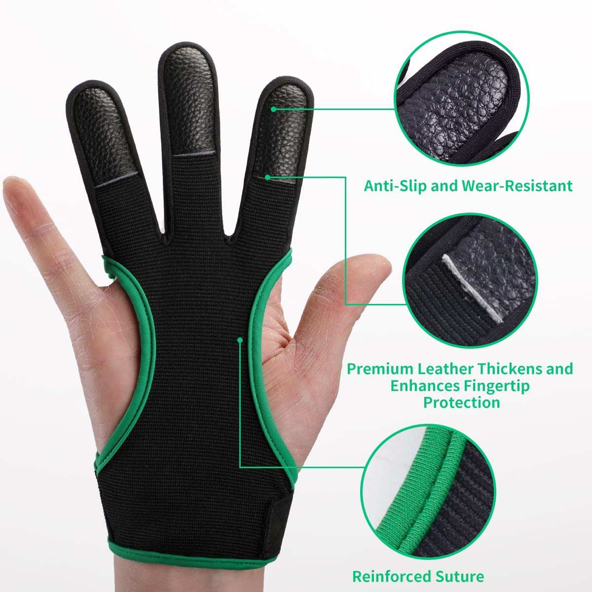 LWANO Archery Gloves Leather Practice Hunting Three Finger Protector for Youth Adult Beginner (Green, Small)