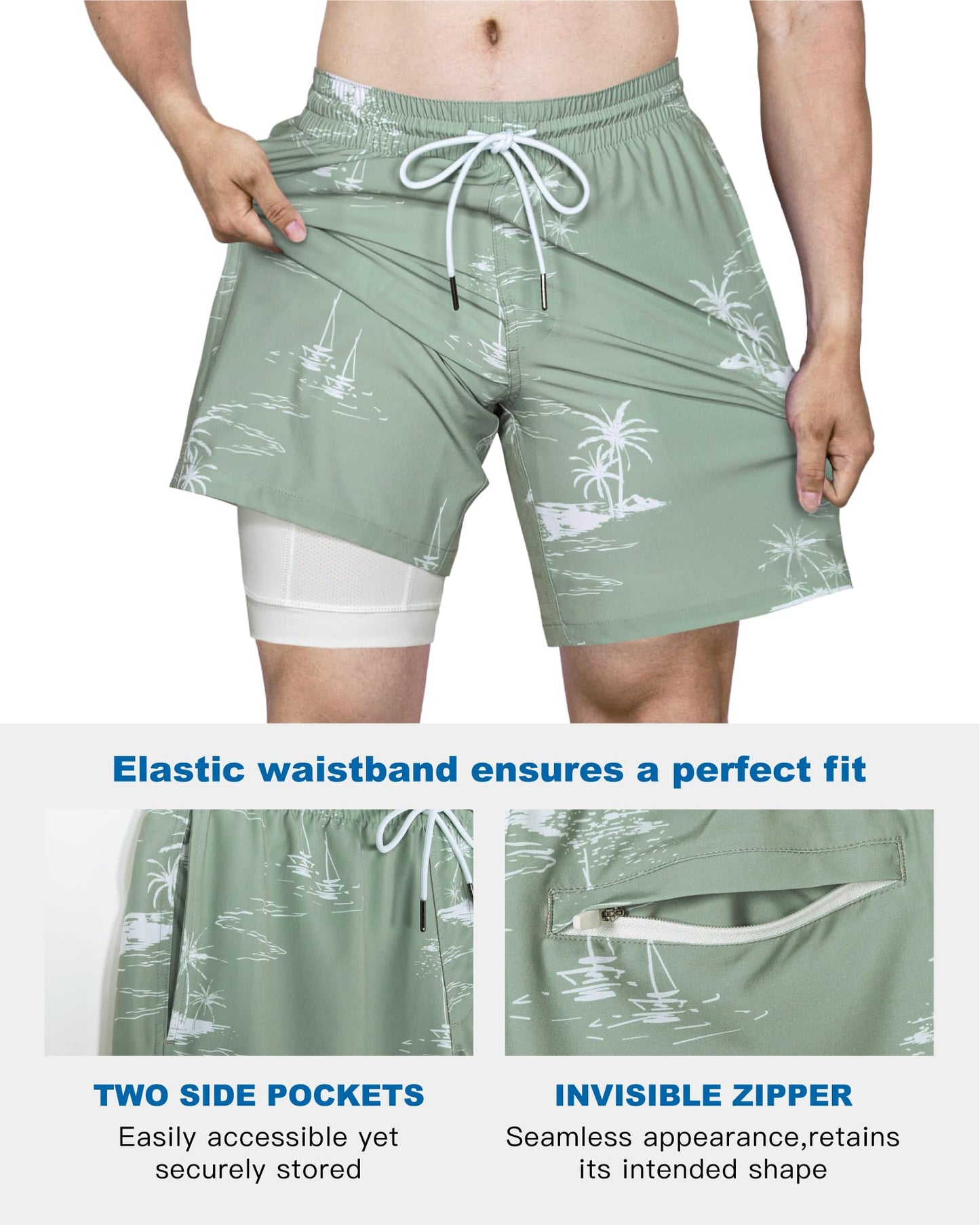SURF CUZ Mens Swim Trunks with Compression Liner Quick Dry Swim Shorts 7" Swimming Trunks Stretch Bathing Suit 7 Inch,Coconut Island,XXL