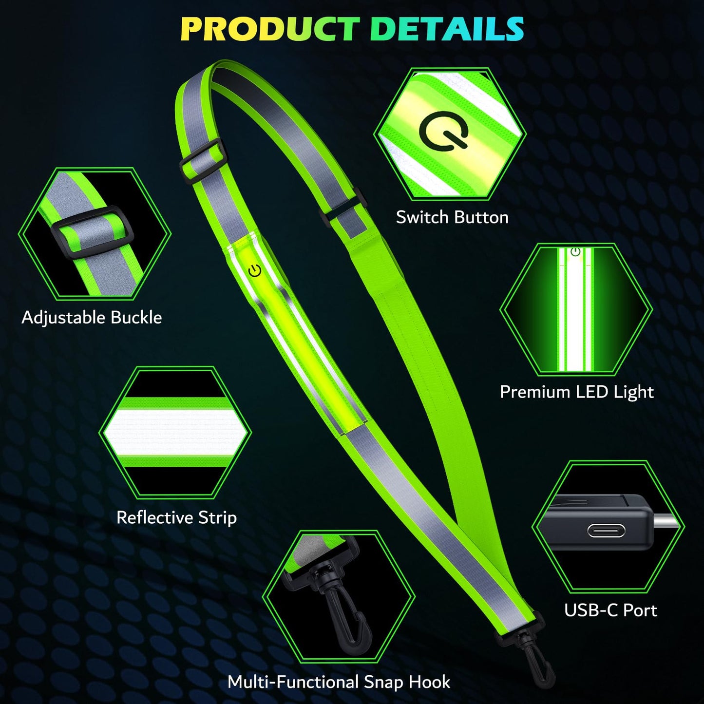 LED Reflective Running Gear High Visibility Reflective Belt Sash with Armband for Walking at Night,Adjustable Running Safety Gear Light Up Running Belt for Runners Walkers Men Women (Green)