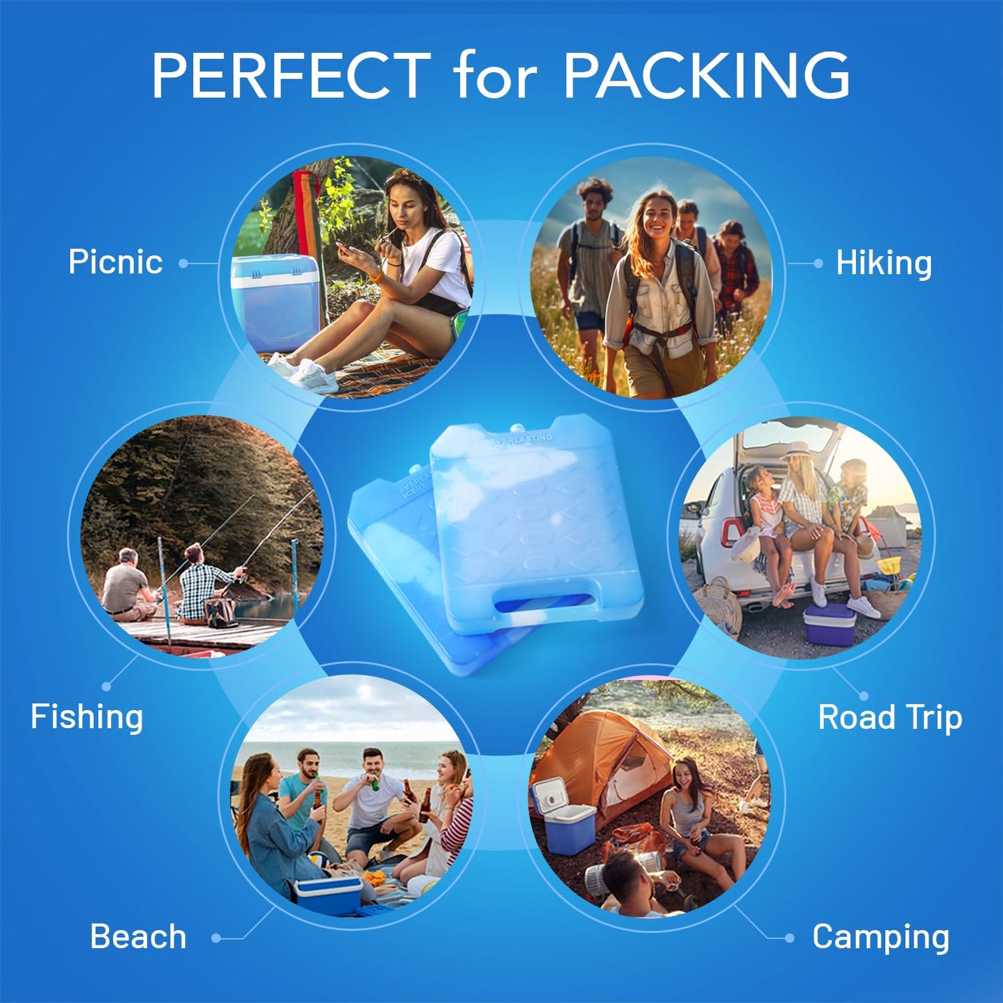 Jumbo Reusable Ice Packs for Cooler with Handle (4 Pack) Long Lasting Coolness, BPA Free, Freezer Packs for Extended Cooling | Cooler Ice Packs for Camping, Fishing, Hiking, Beach