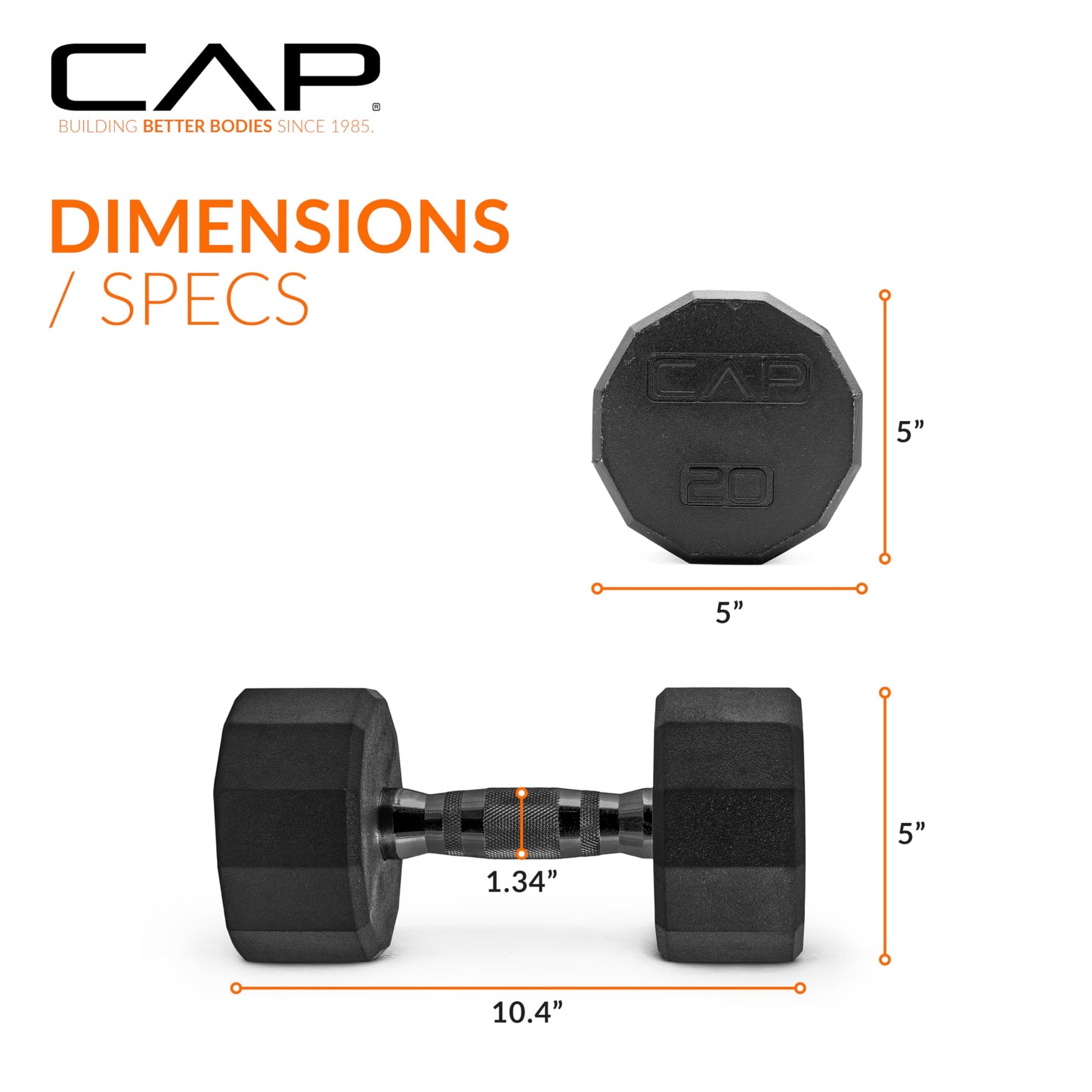 CAP 20 LB 12-Sided Rubber Coated Dumbbell Weight, Rubber Free Weights for Home Gym Strength Training, Black Oxide Handle, Pair