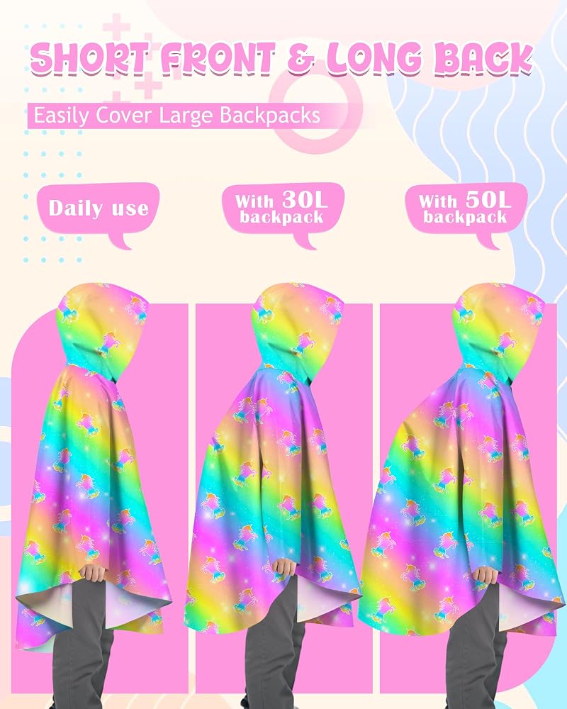 Rainbow Mermaid 3-5T Kids Rain Poncho with Hood - Reusable Waterproof Lightweight