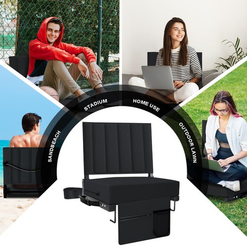 Aliphon Stadium Seat for Bleachers with Back Support and Cushion, Bleacher Seats with Shoulder Strap and Cup Holder, Padded Portable Folding Comfort Stadium Chair, for Sports Events, Black (2pcs)