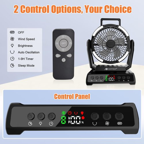 ayamaya Camping Fan with Light, 40000mAh Rechargeable Tent Fan with Remote, 9 Speeds Battery Powered Fans with Digital Display, Timer, Auto Oscillation & Hook for Camping, Outdoor Tents, Hurricane