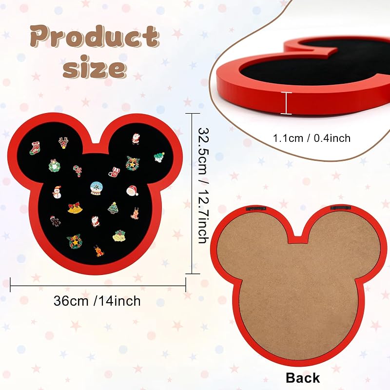 Pin Board Display Case Frame with Stand Easel - Velvet Mouse Design, Red+Mouse