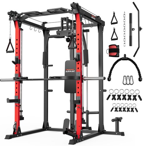 ARMAC Smith Machine, 2000LBS Dual Pulley Functional Power Cage, Squat Rack with Cable Crossover System, Home Gym Trainer, Pull-Up Bar, Spotter Arms, Home Gym Equipment