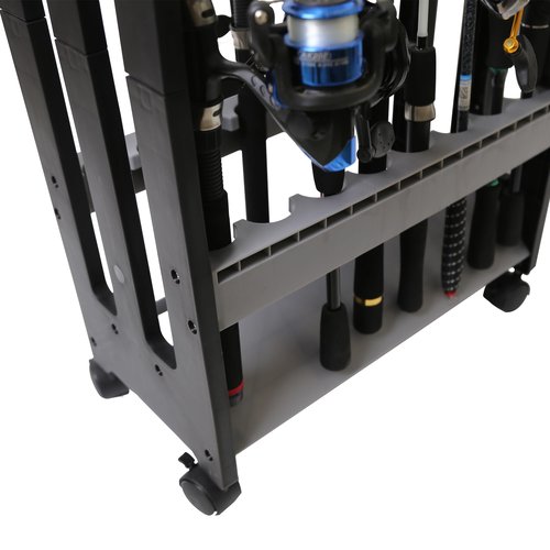 JOYWAVE Fishing Rod Holder,Fishing Pole Holders for Garage,Plastic Fishing Rod Rack,16-Slots,Portable Wheels