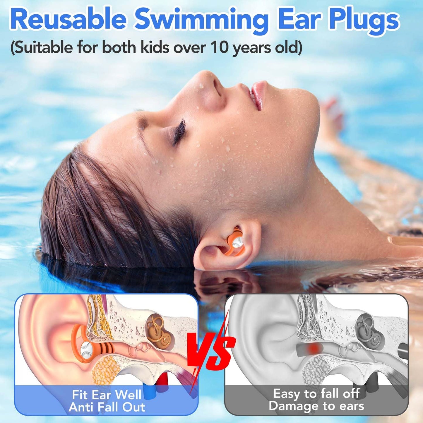 Swimming Ear Plugs Waterproof Earplugs - 2 Pairs Silicone Swim Ear Plugs for Adult Kids, Water Sports Earplugs for Showering, Bathing, Surfing - Keep Ear Water Out