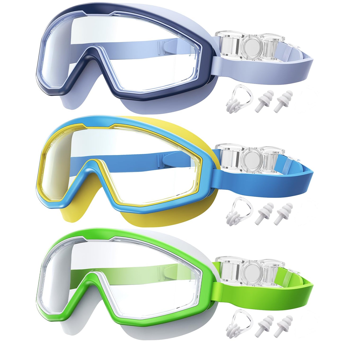 QALLY Kids Goggles Age 4-16, Anti-Fog UV 180°Clear View Kids Swim Goggles, 3 Pack Swimming Goggles Waterproof Pool Goggles for Boys Girls Toddler Kids Youth