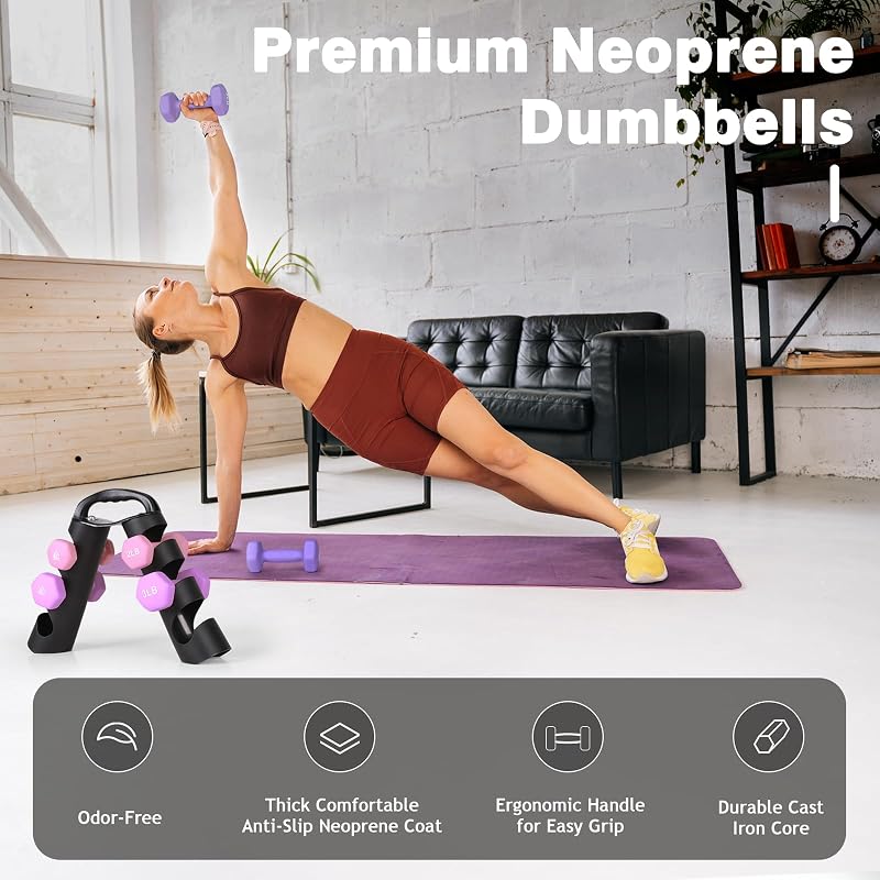 Lilac Fantasy 18lb Set of 6 Neoprene Coated Dumbbells with Rack - Anti-Slip Hex Weights