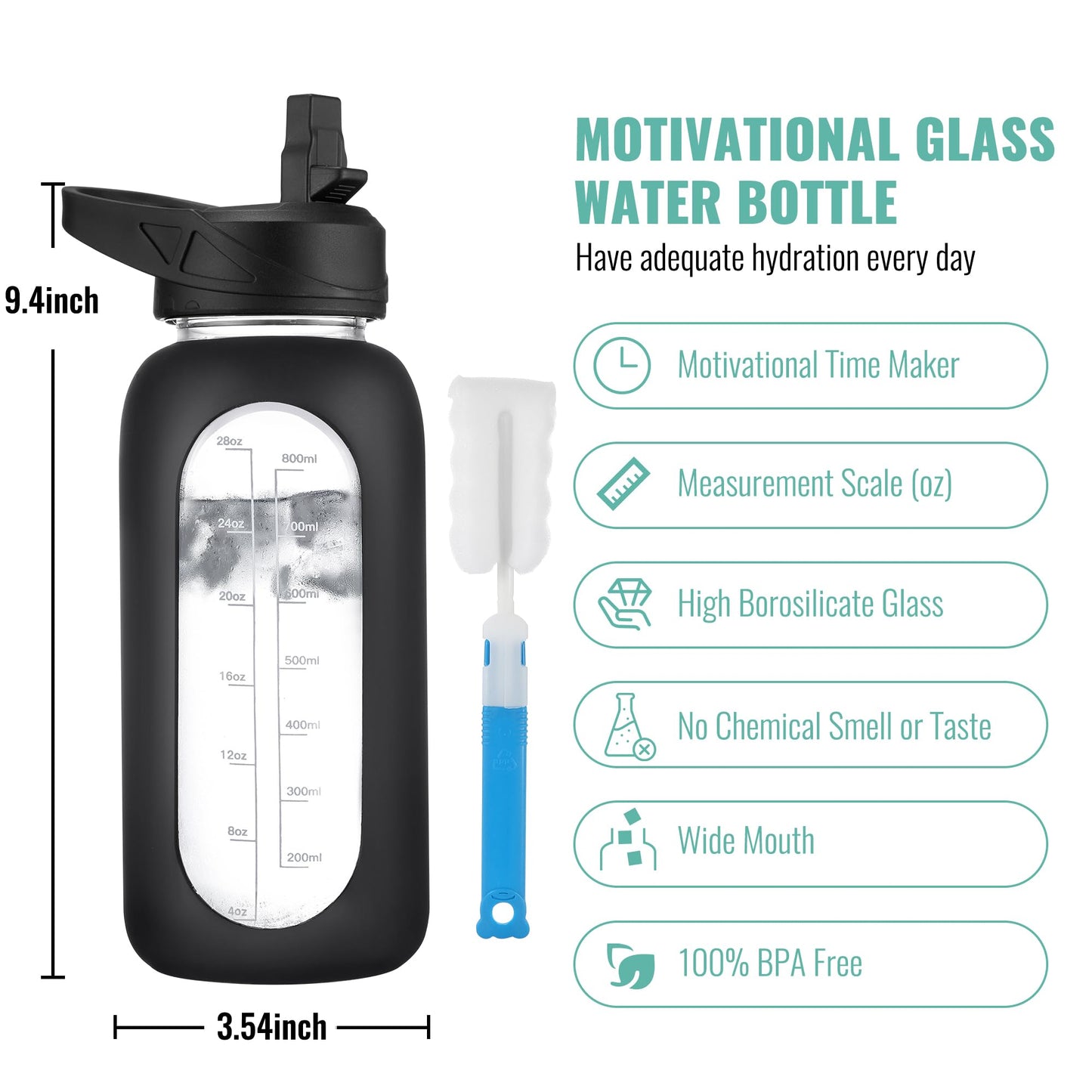 CIVAGO 40 oz Glass Water Bottle with Straw and Handle, Large Sports Motivational Water Bottle Flask with Time Marker and 2 Lids, Leakproof Water Jug Canteen with Silicone Sleeve for Gym, Beige