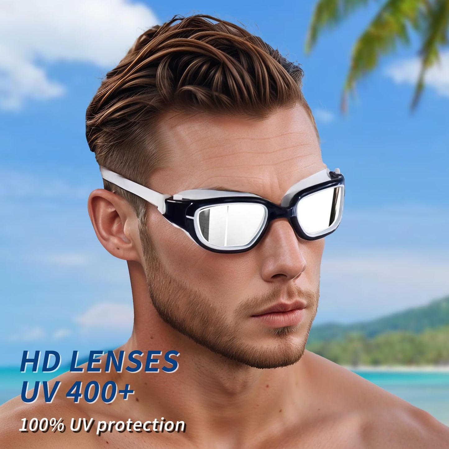 Whale Polarized Swim Goggles, GE Anti-Fog Anti-UV Protection No Leaking Swimming Pool Goggles for Men, Women, and Youth (（Polarized） Classic black and white + Glamour silver)