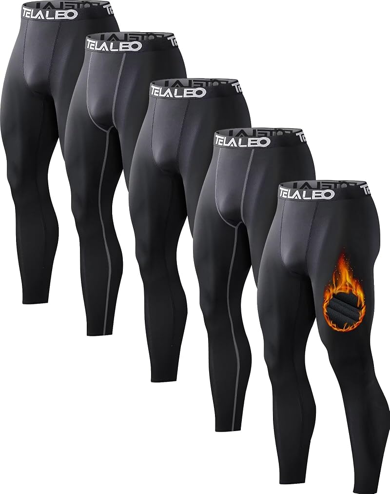 Thermal Compression Pants for Men — Fleece Lined Long Johns, 4 or 5 Pack, TELALEO (5black, Large) Variation