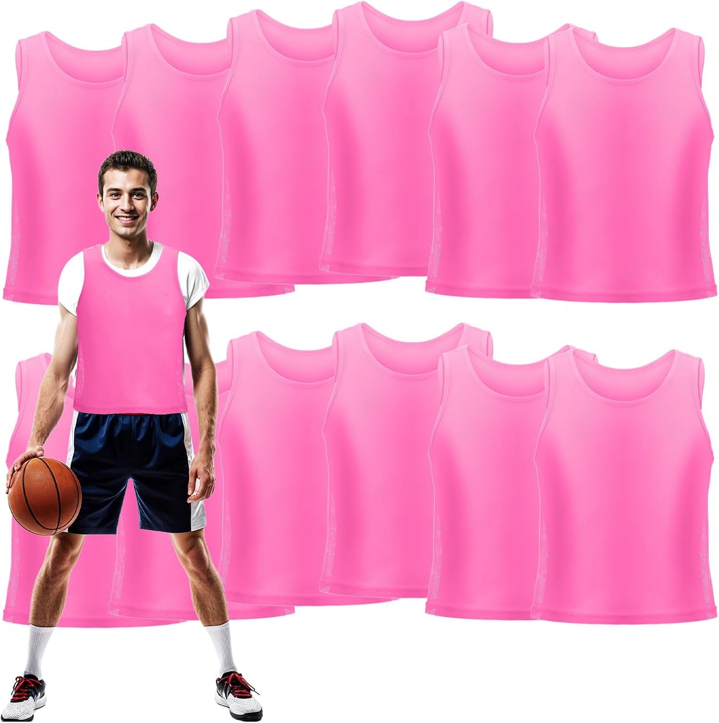 12Pcs Youth Pinnies Scrimmage Vests, Sports Pennies for Youth Adults Soccer Basketball Scrimmage Training Vests,Team Sport Practice Jersey Chartreuse Pink