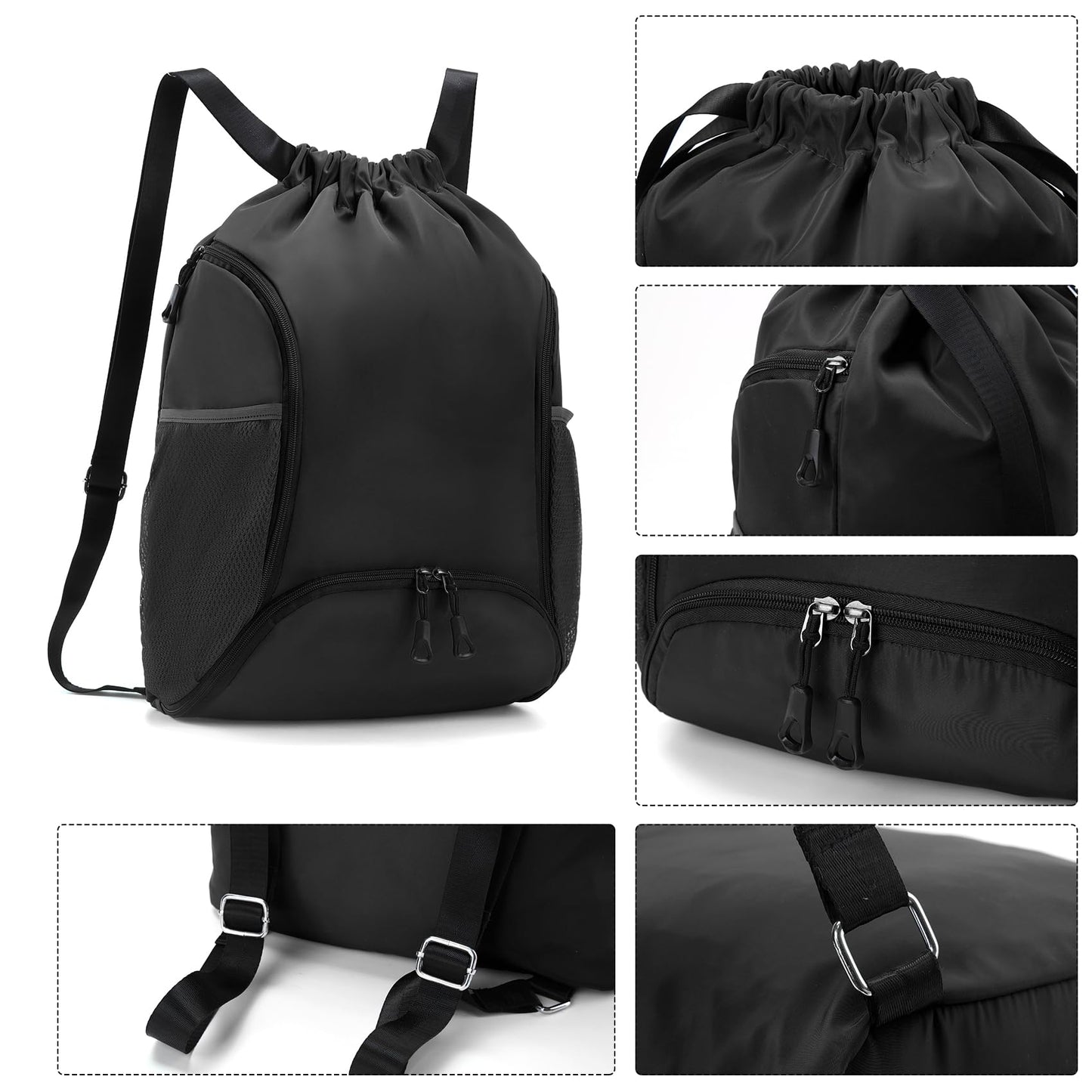 Valleycomfy Sports Gym Bag Drawstring Backpack with Shoes Basketball Bag and Two Water Bottle Holder,Black
