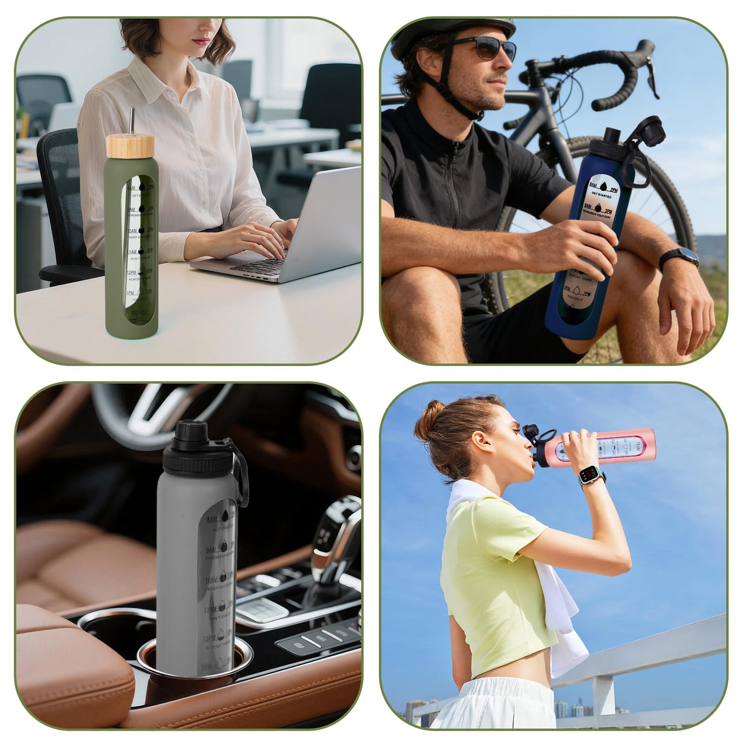 Sinekequnsun 32oz Glass Water Bottle with Time Marker, 2 Lids-Handle Spout Lid & Bamboo Straw Lid, 1 Liter Motivational Borosilicate Water Bottle for Gym, Office, Travel (Gray)