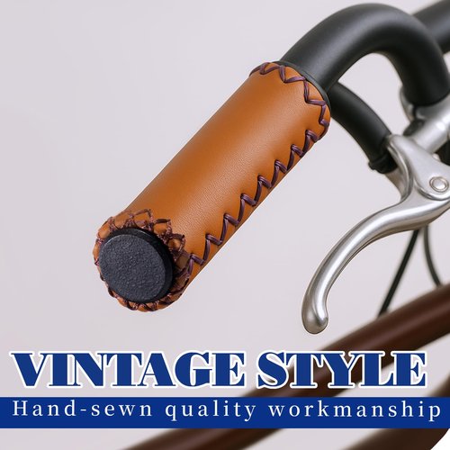 Bicycle Handlebar Grips, PU Leather Bike Grips Handlebar, Hand-Stitched Bike Handles Replacement Fits Most Mountain, MTB, BMX