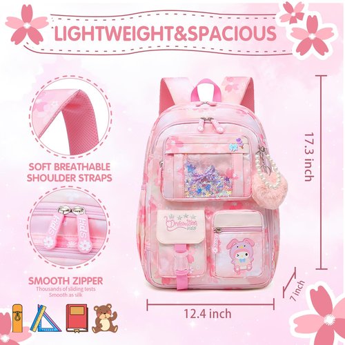 Alrisg Lovely Girls Backpack School Bag for Students Kids Book Bag with Multiple Pockets Splash-proof Children's Backpack（17inch Pink）