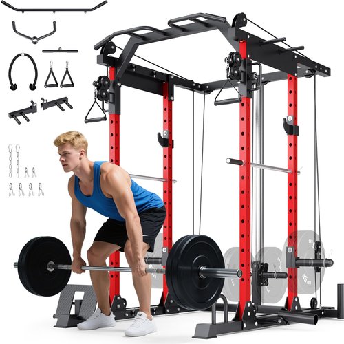 YOLEO Smooth Dual Pulley System Power Cage, 1600LBS Adjustable Cable Crossover Power Rack, Multi-Functional Squat Rack for Home Gym with More Training Attachment (Power Cage)