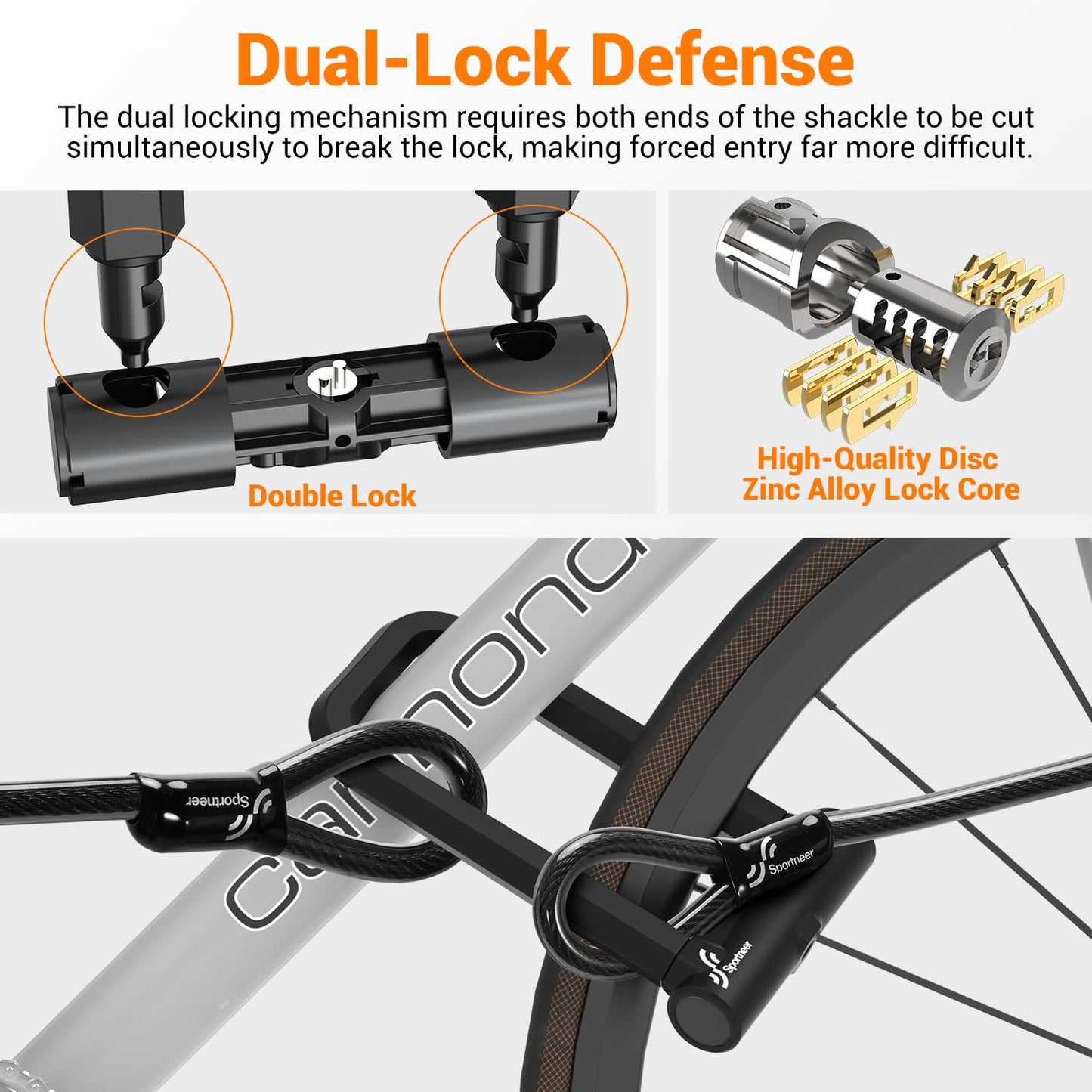 Sportneer Bicycle Lock: 18mm Heavy Duty Anti Theft Bike U Lock with 5ft Security Steel Cable - Shackle Bike Locks with 3 Keys & Mounting Bracket for Road Mountain Electric Bike, Size 8.58'' x 4.85''