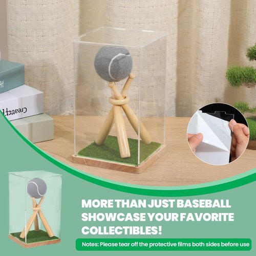 Game Ball Display Case with Baseball Holders for Display, Wooden Base & UV Protected Acrylic Box for Autographed Balls, Memorabilia, or Collectibles - Side Opening Door Design (5.12" x 5.12" x 8.46")
