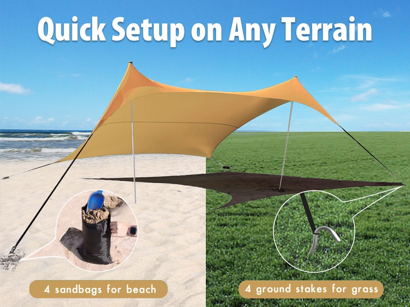 10×10ft UPF50+ Beach Tent Sun Shelter, Windproof Stable Outdoor Pop Up Beach Shade Canopy for Camping, Fishing, Backyard Fun or Picnics, 2 Poles